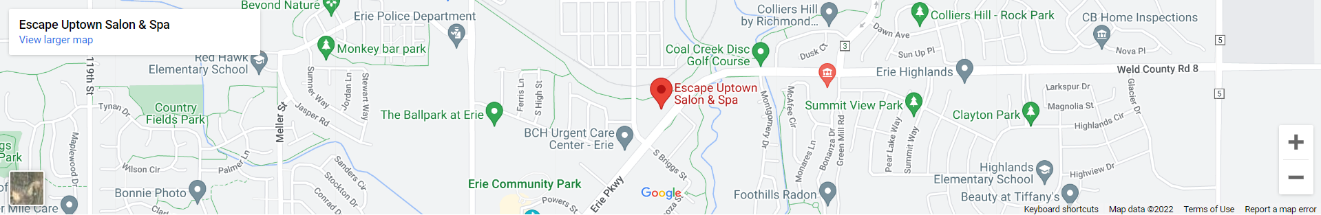 A map of the location of escape uptown salon & spa.